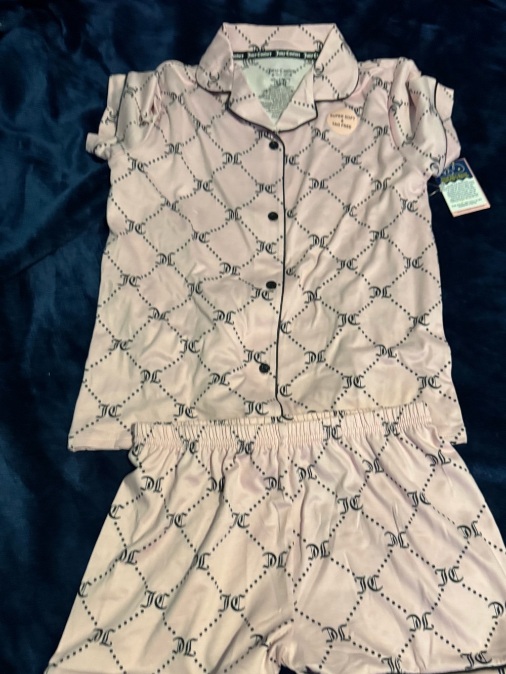 2pc Juicyw Couture Pink Logo-Print Pajama Top & Shorts Black JC design Sz L New